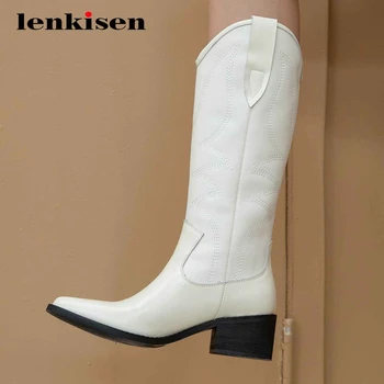 

Lenkisen british school genuine leather solid design online star pointed toe thick high heel slip on fashion mid-calf boots L13
