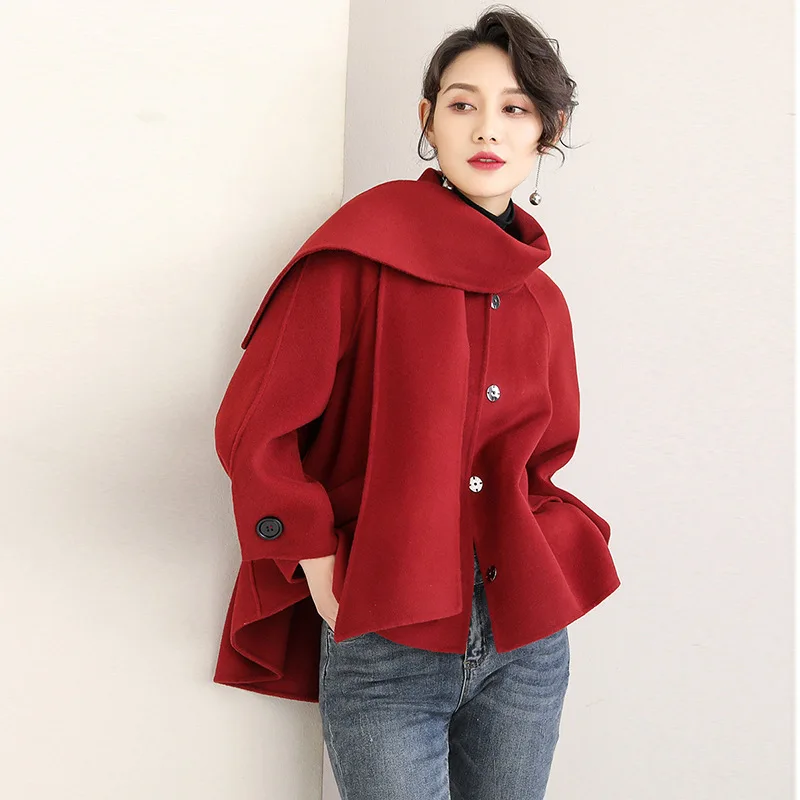 

100% Wool Coat Female Jacket Red Korean Cloak Black Fashion Overcoat Women Spring Autumn Coats and Jackets 2020 19QLH1011 KJ4063