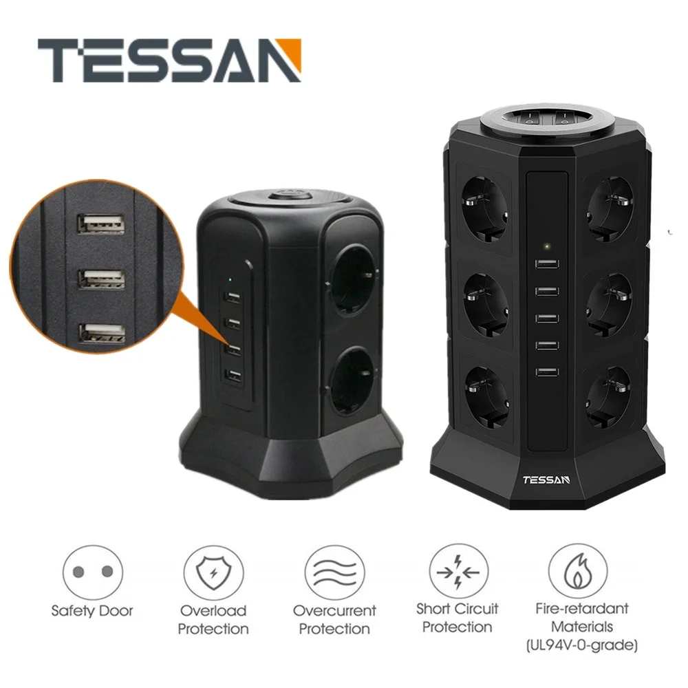 TESSAN-Torre de regleta con 5 puertos USB y 12 enchufes, cable de extensión de 2M/6,5 pies, protector de sobrecarga para enchufe de la UE