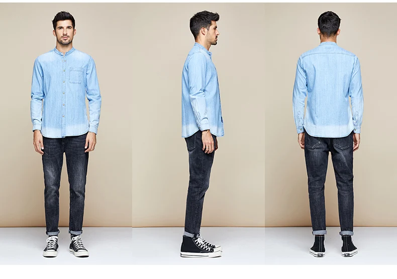 KUEGOU 2019 осень 100% хлопок синяя джинсовая рубашка мужская повседневная приталенная рубашка с длинными рукавами для мужчин Модная брендовая