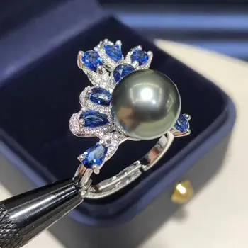 

D605 Pearl Ring Fine Jewelry Round 10-11mm Nature Sea Water Tahiti Black Pearls Rings for Women Presents