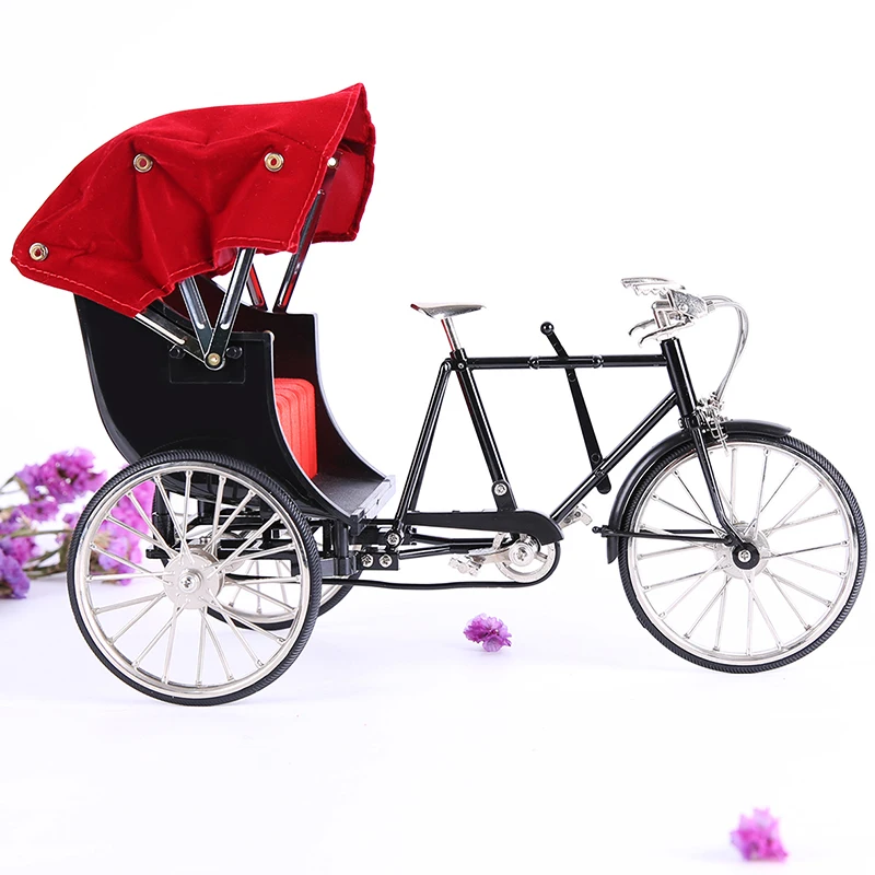 

1:10 scale old Shanghai Beijing alloy three-wheel diecast rickshaw bike bicycle model toy simulation retro metal rickshaw gifts