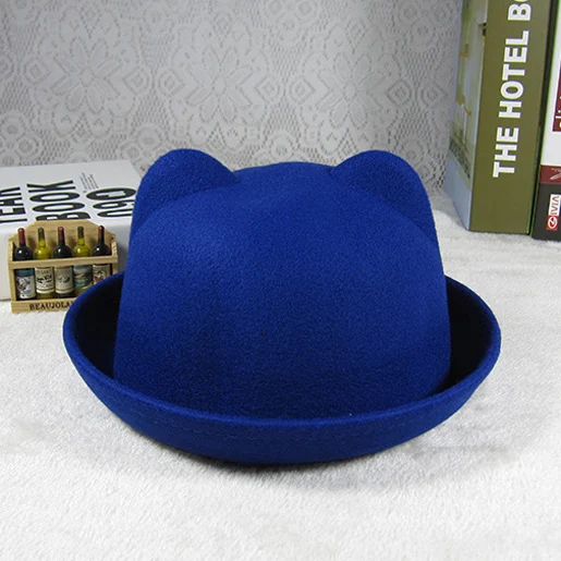 Royal blue ears Fashion Winter Kids Hat Wool Bowler Hats Children Girls Hat Adjustable Kids Cap Autumn Spring 4-8 Years - Цвет: Royal blue ears
