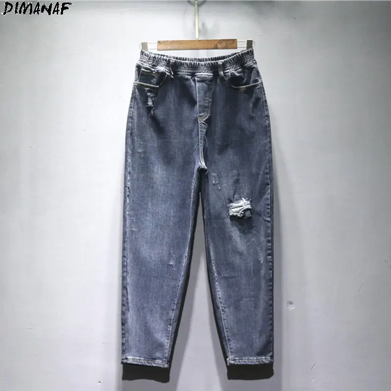 

DIMANAF 2020 Jeans New Plus Size Autumn Style Denim Women Hole Pencil Pants Female Vintage Loose Elastic Waist Wide Leg Pants