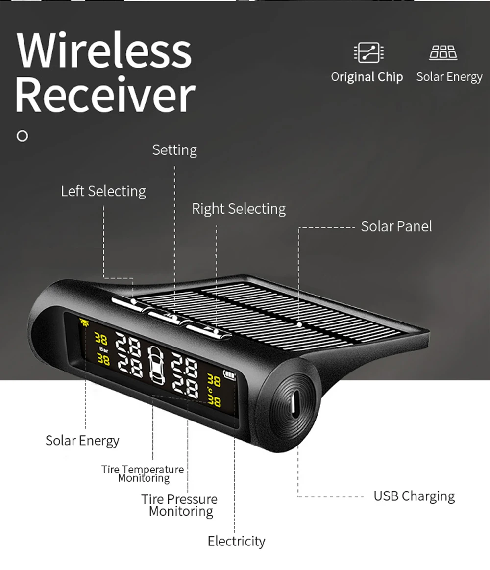 USB или солнечная зарядка умный автомобиль TPMS система контроля давления в шинах HD цифровой ЖК-дисплей Автосигнализация инструмент беспроводной 4 внешних