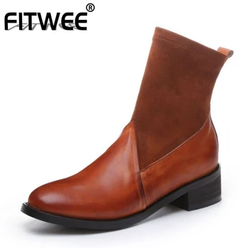 

FITWEE Women Flat Heel Boots Genuine Leather High Quality Ankle Boots Fashion Winter Shoes Women Footwear Size 34-40