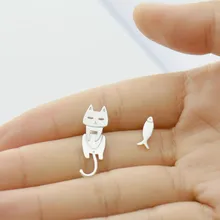 Женские гипоаллергенные Асимметричные серебряные серьги-гвоздики для женщин кошка рыба милые животные гипоаллергенные Модные женские ювелирные изделия подарок