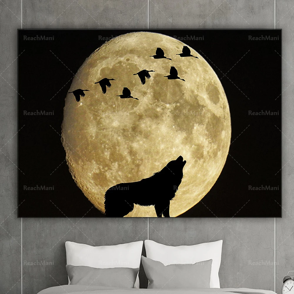 

Full moon and wolf print on canvas, modern home wall art decoration canvas print poster