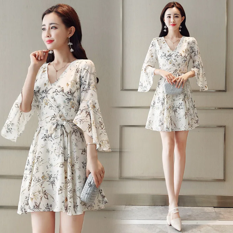 Женское шифоновое платье с коротким рукавом новинка 2019 летнее цветком v образный