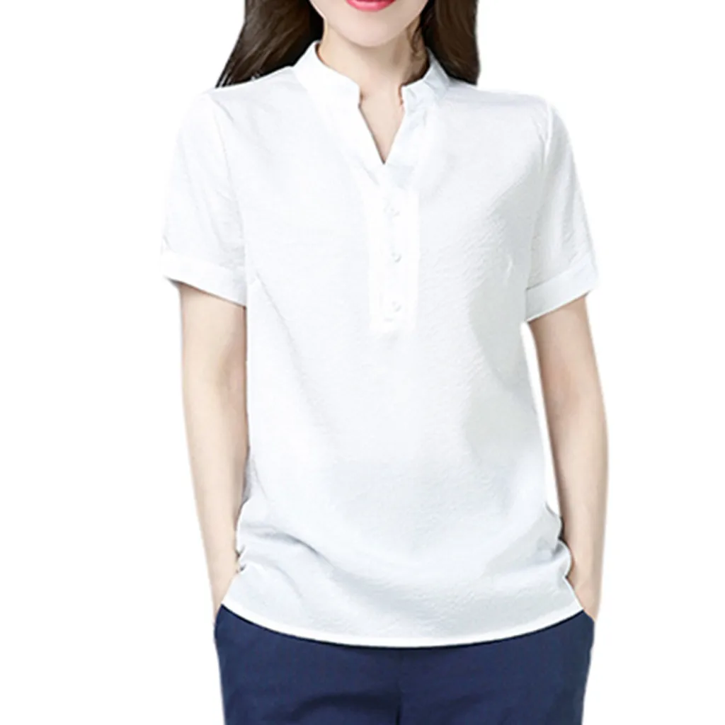 JAYCOSIN Short Sleeve Cotton Linen Solid V-neck Blouse Womens Tops Blouses Shirt 2020 Lady Women Feminine Loose T-shirt 39 | Женская