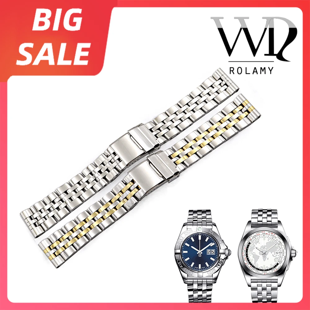 Rolamy 20 22 24Mm Cinturino Da Polso In Acciaio Inossidabile Bicolore Argento Bicolore Di Alta Qualità Cinturino Per Orologio Per Breitling