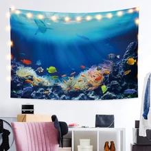 

Laeacco Underwater World Prints Tapestry Blue Sea Various Marine Life Wall Hangings Modern Home Bedside Decor Carpet Polyester