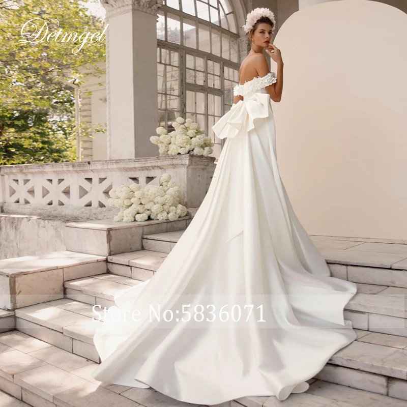 Detmgel Romantic Boat Neck 3D Flowers Mermaid Wedding Gown 2023 Gorgeous Satin Detachable Train Trumpet Bridal Gown Customized