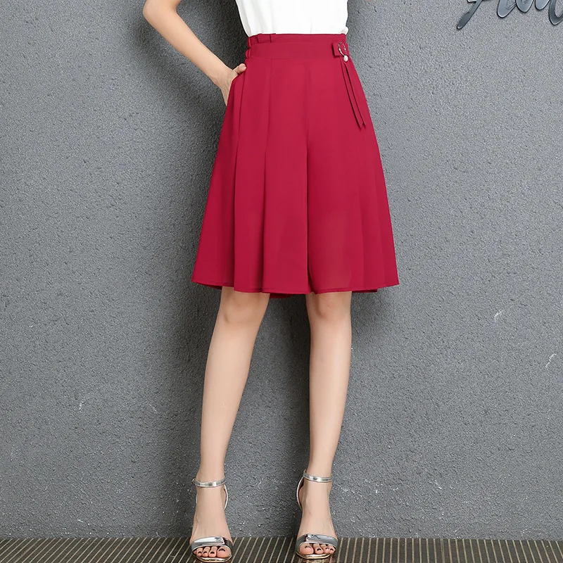 RED new style Женские шорты Юбки с высокой талией шифоновые шорты летние свободные широкие плиссированные шорты Feminino Большие размеры Pantalones Cortos Mujer - Цвет: RED new style