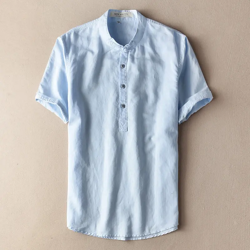 mens shirts summer male clothing Single Breasted Short sleeve Stand collar solid color flax Ventilation man clothes h57