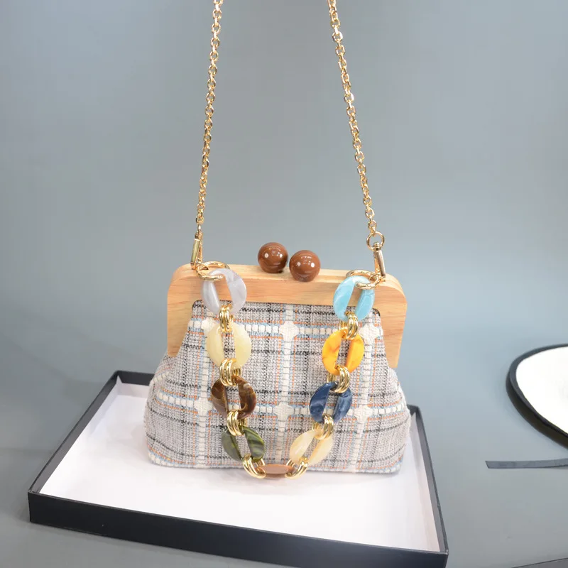 Bolsa de hombro, Сумка с акриловой ручкой, сумка на плечо с цепочкой, холщовая, в полоску, с деревянным зажимом, через плечо, сумки-мессенджеры для женщин