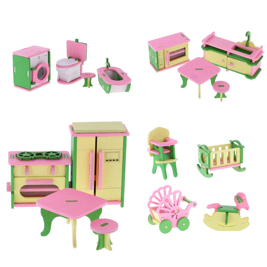 16Pcs Wooden Dollhouse Miniature Furnitures Chair Stroller Crib Refrigerator