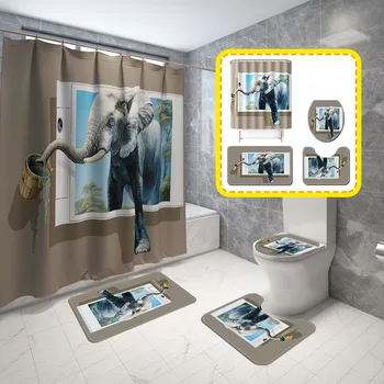 

3D Elephant Shower Curtain Mat Four-Piece Bathroom Mat Set Pedestal Rug Lid Toilet Cover Anti-slip Mat Bathroom Bath Mat Set