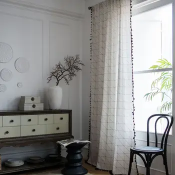 

Plaid Tassel Curtains American Style Window Drapes Cotton Linen Kitchen Curtain Country Style Window decor Living Room