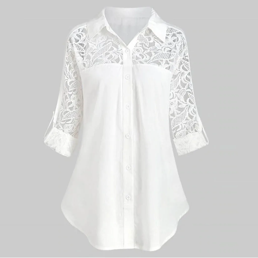 5XL Женская туника с отложным воротником, женская блуза большого размера на пуговицах, кружевная рубашка с отложным воротником и длинным рукавом, блуза большого размера