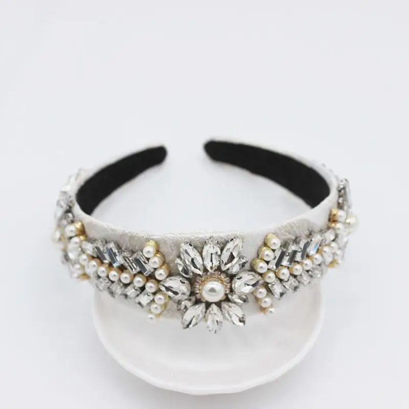 Baroque Retro Faux Leather Headband Women Bridal Full Rhinestone Flower Leaves Jewelry Hair Hoop Dance Party Banquet Headpiece