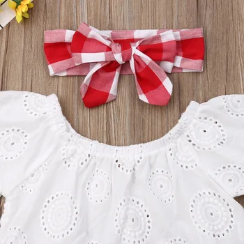 3Pcs Set 0-24M Newborn Baby Girl Clothes Cute Summer Off Shoulder Lace Tops+ Red Plaid Short Dress Headband Outfit 3