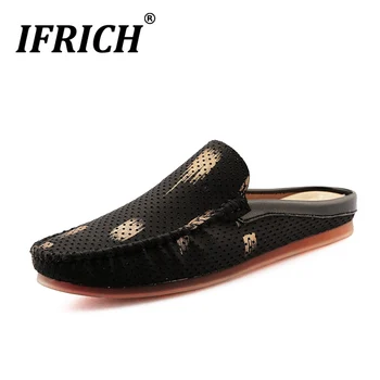 

2020 New Summer Half slippers For Men Hollow Pu Leather Men Shoes Half Drag Loafers Shoes Mens Comfortable Flats Casual Shoes