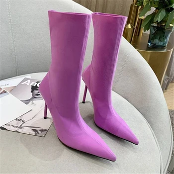 

Women Solid color thin bottom pointed candy color sexy fashion stiletto boots genuine leather Ankle boots keep warm