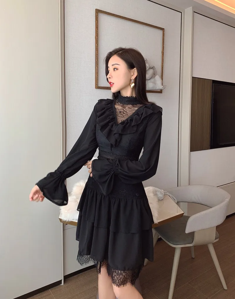 Lace Patchwork dress Sexy Ruffle Flare Sleeve black party Cake dress Autumn Vintage Chic Women Solid Dress