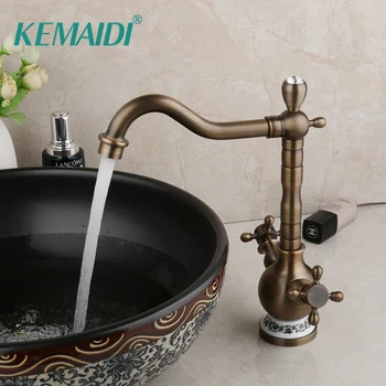 

KEMAIDI Bathroom Antique Brass Faucets Swivel Spout Deck Mounted Double Handle Sink Mixer Bathroom Faucet Mixer Tap