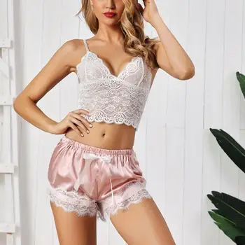 

Sexy Lace Nightdress Set Women Sweet Bow Split Two-piece Underwear Sleeveless Floral Cami Tops Satin Trim Shorts Lady Pajama Bra