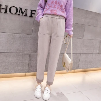 

2019 new women's Thicken woolen harem pants autumn and winter elastic waist casual pencil pants women high waist straight pants