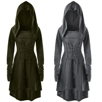 

Winter dresses 2019 Women Costumes Lace Up Hooded Vintage Pullover High Low Bandage Long Dress Cloak Autumn 2019women dresses 30