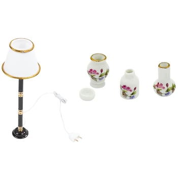 

1pcs 1/12 Dollhouse Miniature LED Light Switch Floor Lamp & 4Pcs Flower Pots Miniatures 1/12 Dollhouse Home Room Decor
