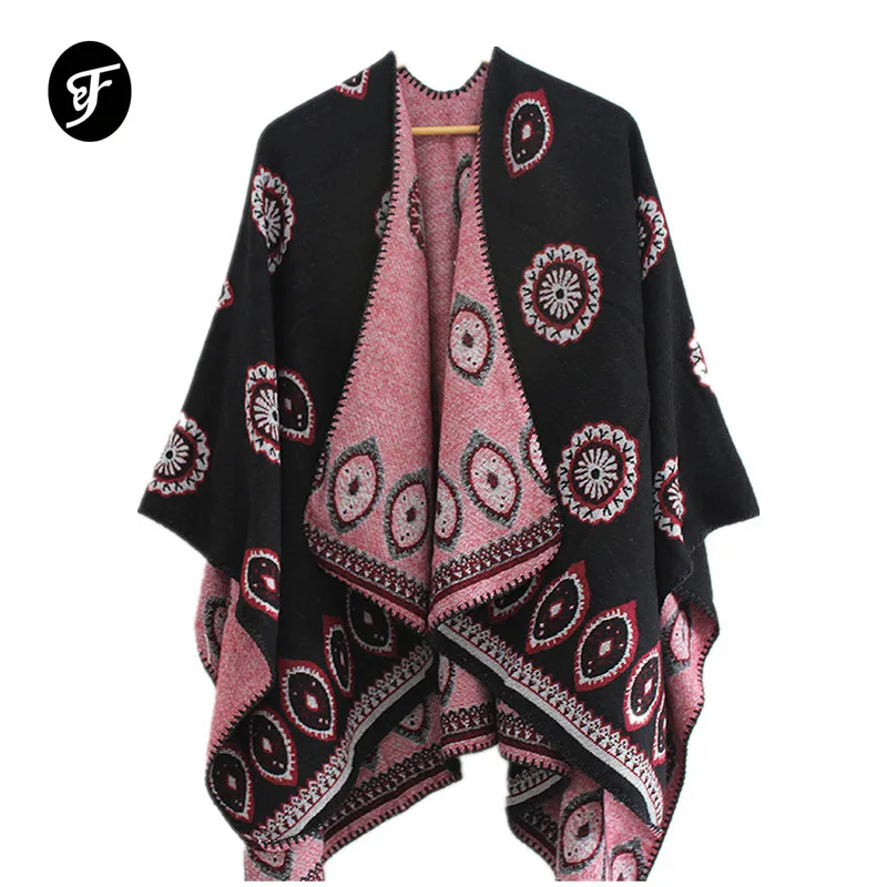 

New Fashion Women's National Style Poncho Scarf Autumn and Winter Imitation Cashmere Split Scarf Super Long Thick Shawl Wraps