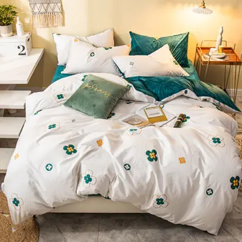 

Winter Cotton Velvet Bedding Set 3/4pcs Printed Floret White Duvet Cover Pillowcase Plush Sheets Home Quilt Cover Thick Warm
