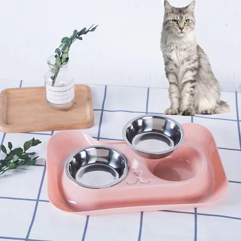 

Double Dog Cat Bowls Cute Cat Shaped Food Water Feeder for Small Dogs Cats Feeding Stainless Steel Pet Bowl Supplies
