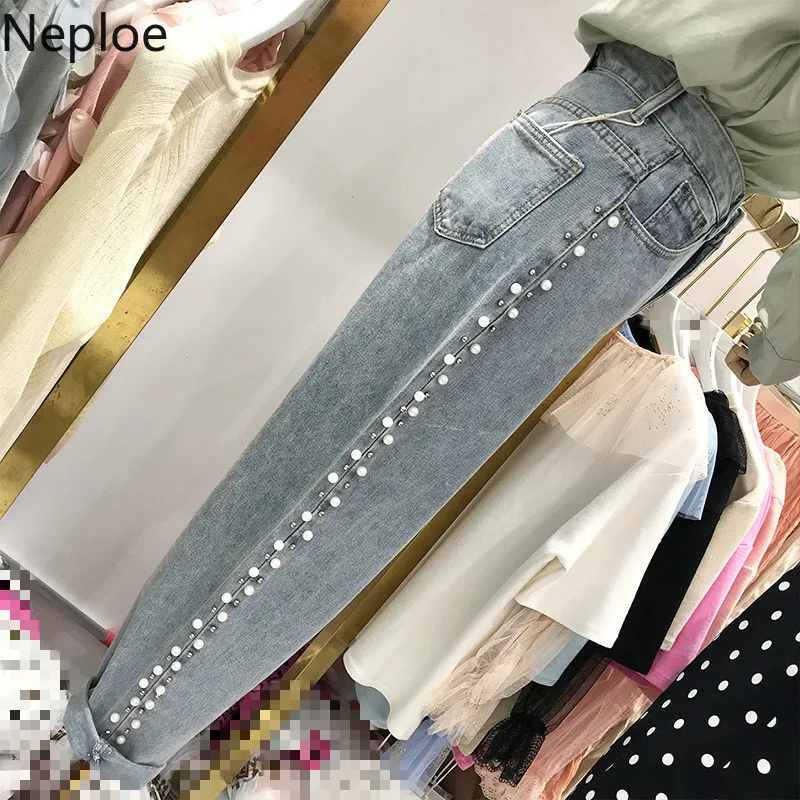Neploe/корейское модное джинсовое изделие свободного кроя с бисером для студентов, дикие полосатые кольца с пряжкой, широкие брюки, осенние джинсы с завышенной талией 45826