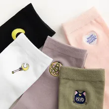 Модные милые Креативные Хлопковые женские носки с вышивкой в виде кота и Луны высококачественные носки с забавными монстрами с героями мультфильмов милые носки