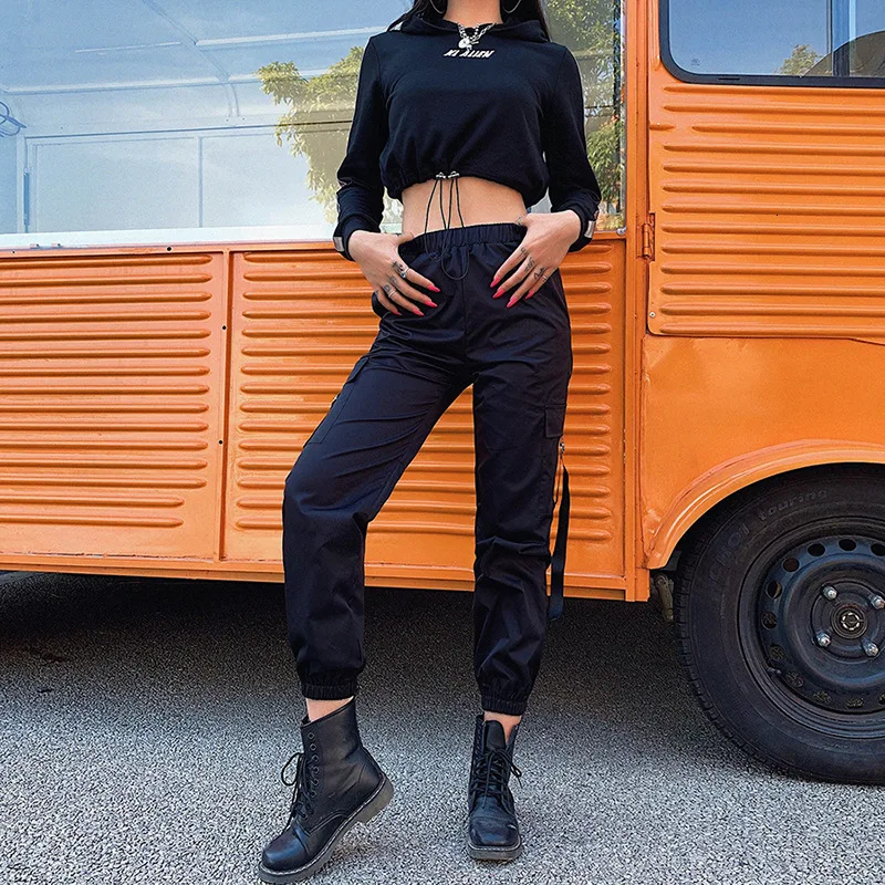 Черная уличная одежда, Pantalon, Светоотражающие женские штаны с высокой талией, спортивные штаны и джоггеры, модные штаны-шаровары в стиле хиппи, комбинезоны