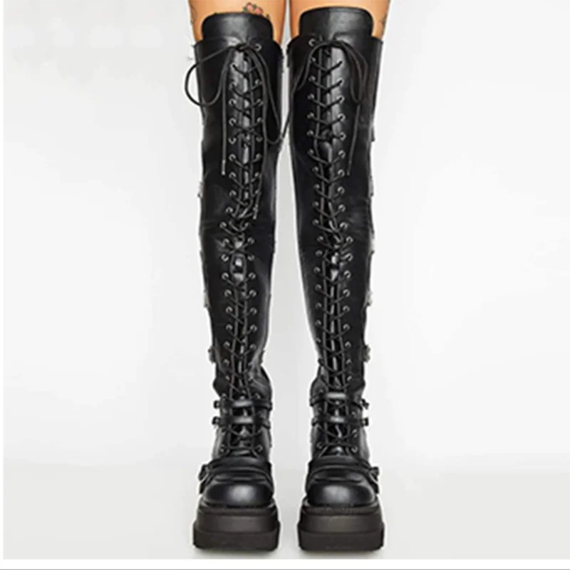

2020 New Arrival Brand Design Female Platform Thigh High Boots Fashion Buckle Punk High Heels Botas Women Cosplay Wedges Shoes