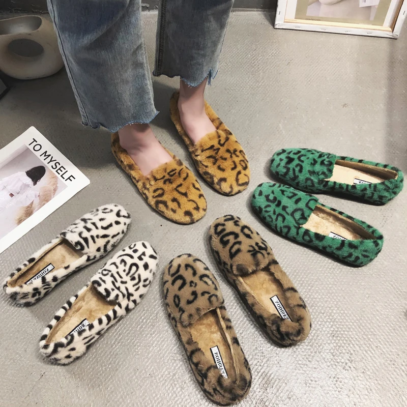 Celebrities leopard furry flats dowager outwear comfy shoes woman slip on plush warm moccasins ladies lazy femme loafers trendy