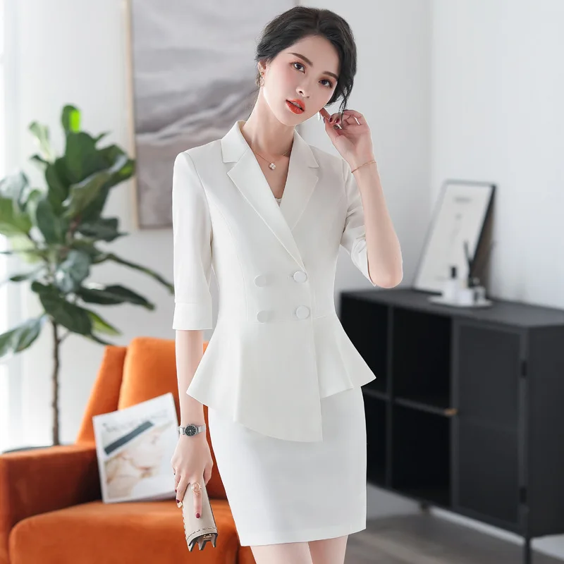 Professional Women's Pants Suit Set 2023 Spring and Summer New Casual High Quality Ladies White Blazer Slim Skirt Two-piece