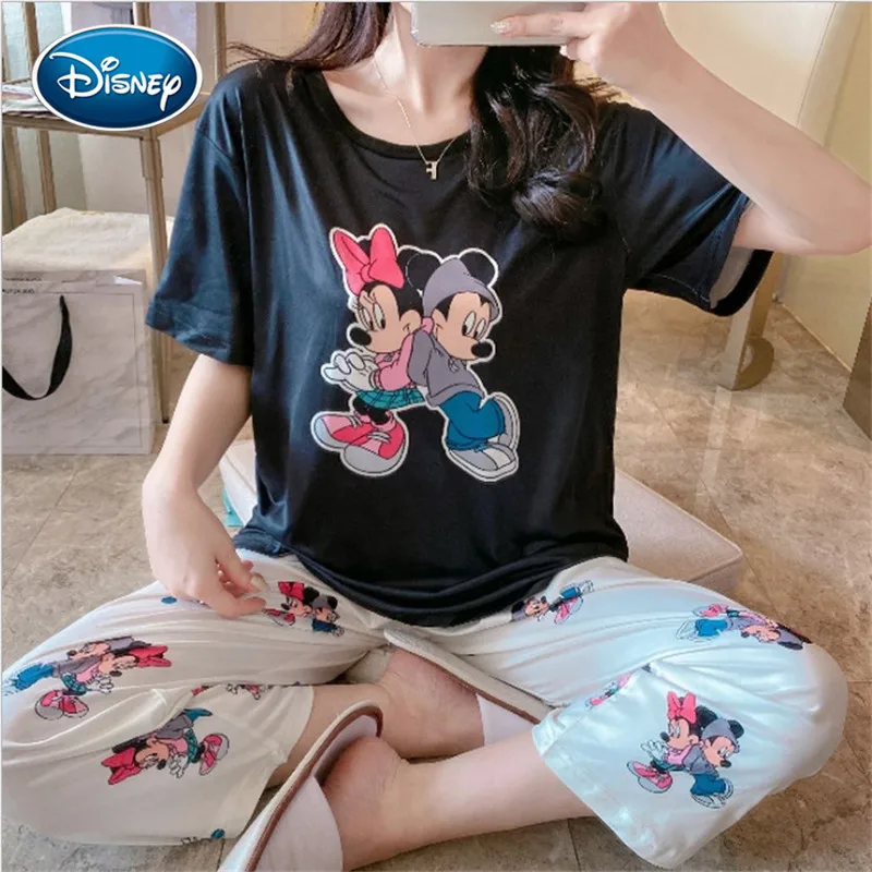 Mickey Pajamas Women's Short Sleeve Cropped Pants Disney Summer Snow White Comic Print Fashion Student Home Service Suit 4