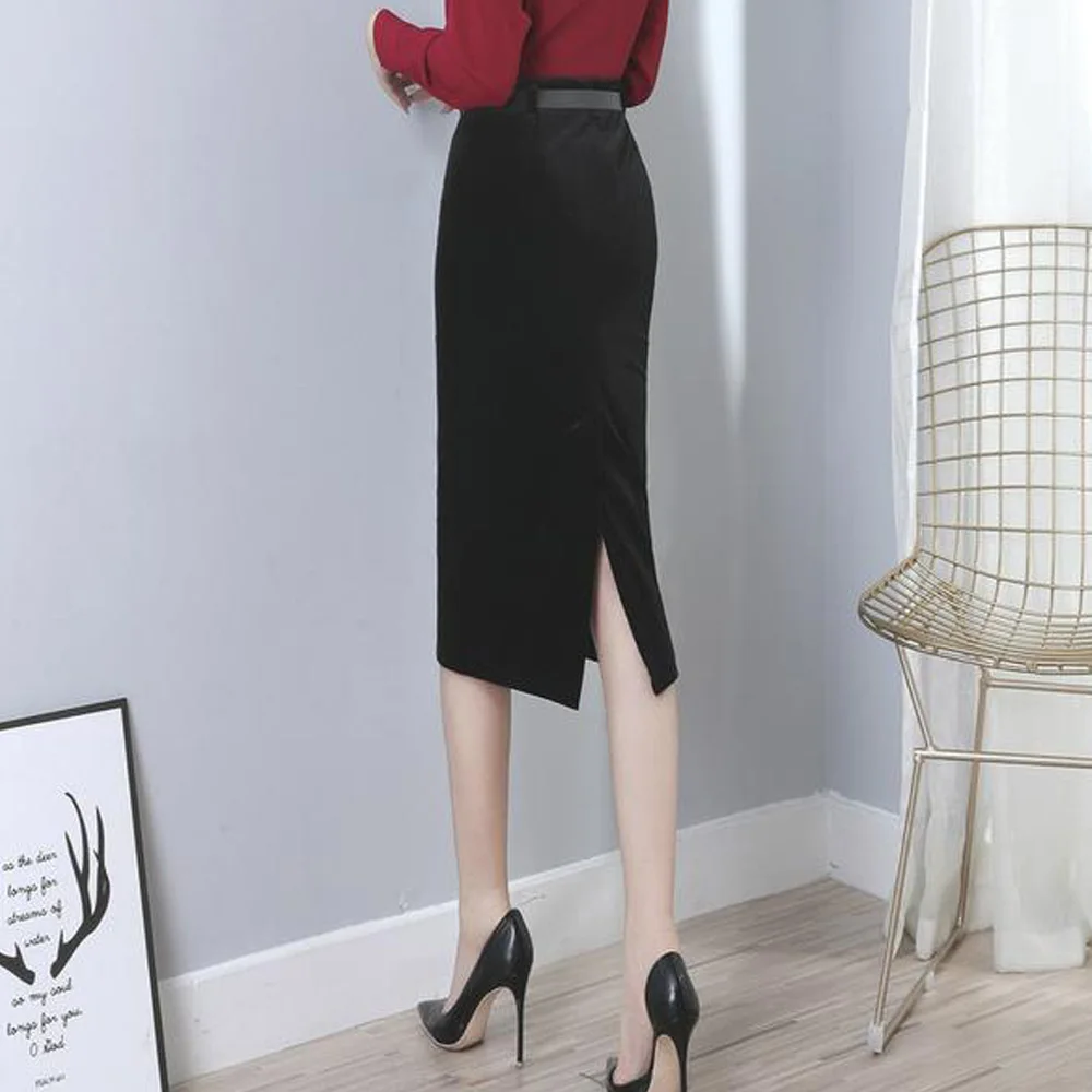 Зимняя длинная бархатная Женская юбка с высокой талией, облегающая юбка-карандаш, черная офисная деловая одежда, Юбки миди