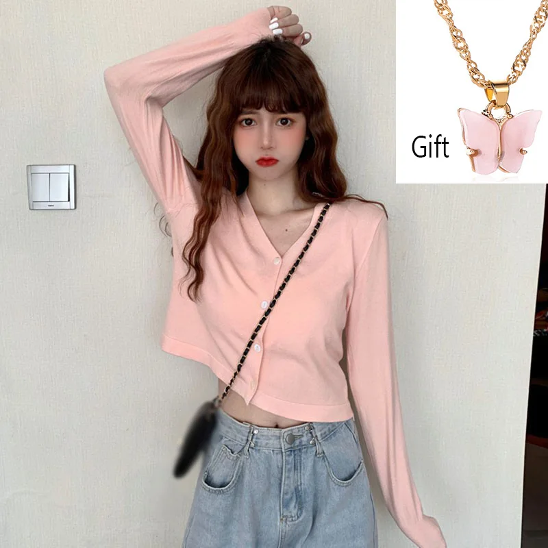 

Korean Style V-neck Short Knitted Sweaters Women Thin Cardigan Fashion Short Sleeve Sun Protection Crop Top Ropa Mujer