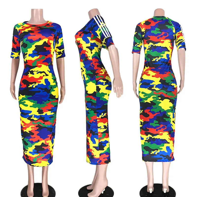 ZKYZWX камуфляжное облегающее платье для женщин vestidos Половина рукава уличная сторона полосатый повседневные миди-платья