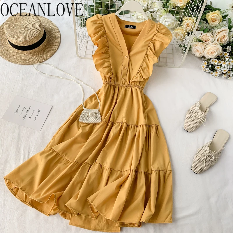 

OCEANLOVE 2020 Women Dress Ruffle High Waist Solid V Neck Spring Summer Vestidos Sleeveless High Waist Vestidos Elegant 14363