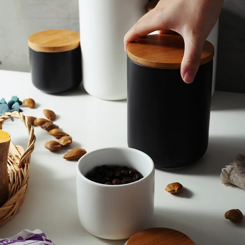 Керамическая банка для хранения специй в скандинавском стиле с деревянной крышкой, банки для кухни, кофе, чая, конфет, контейнер для хранения