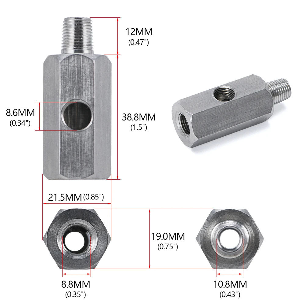 Oil Pressure Sensor Connector Stainless Steel 1/8'' BSPT Tee Adapter to 1/8 NPT Gauge T-Piece